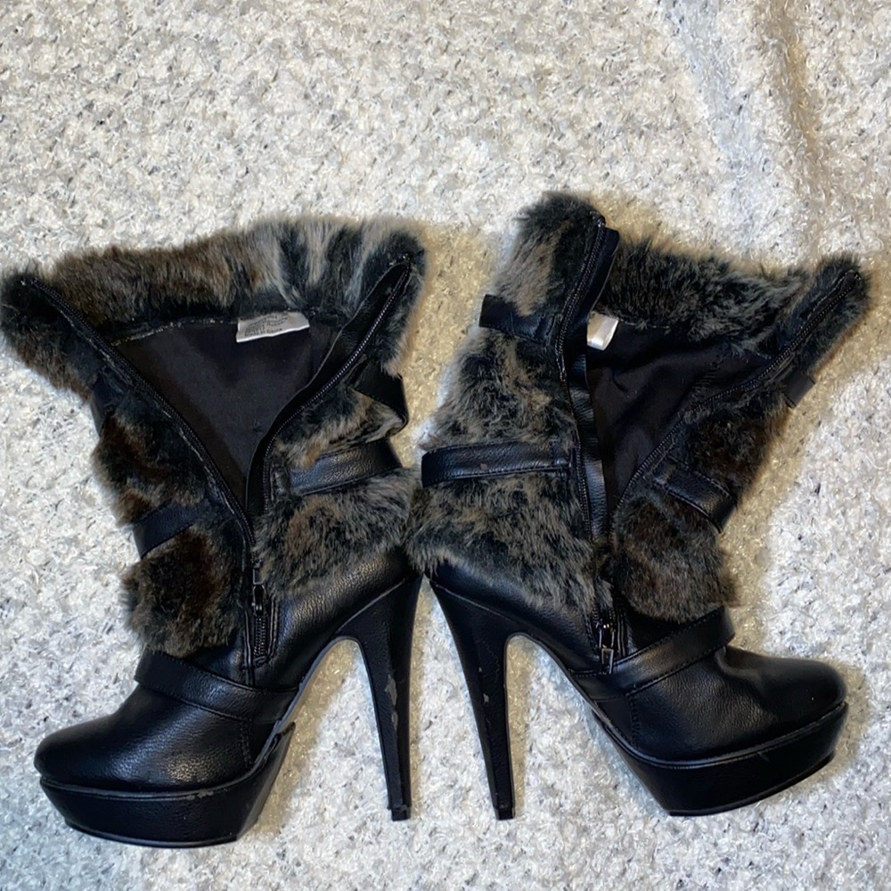 Black faux leather and faux fur mid calf boots